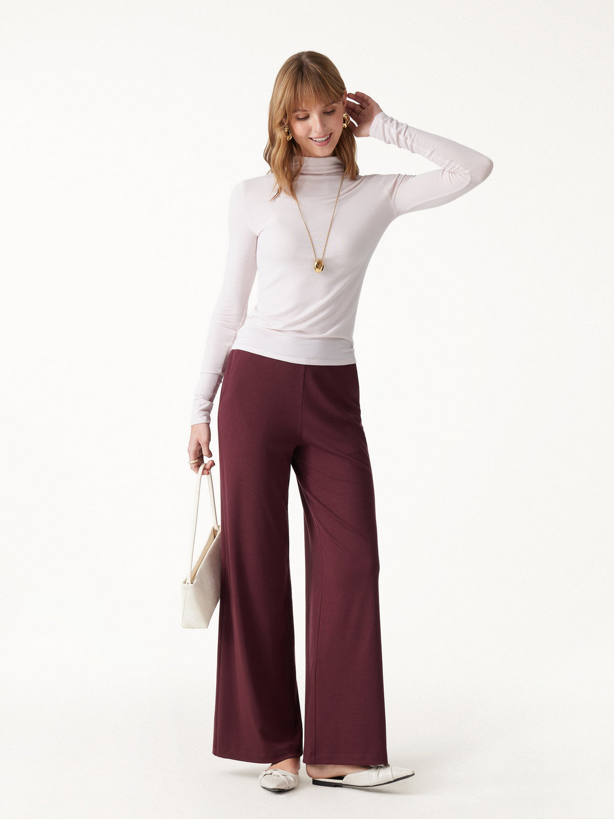 OGLmove Women's Lyocell Wool Mid-Rise Wide-Leg Pull-On Pants with Pockets