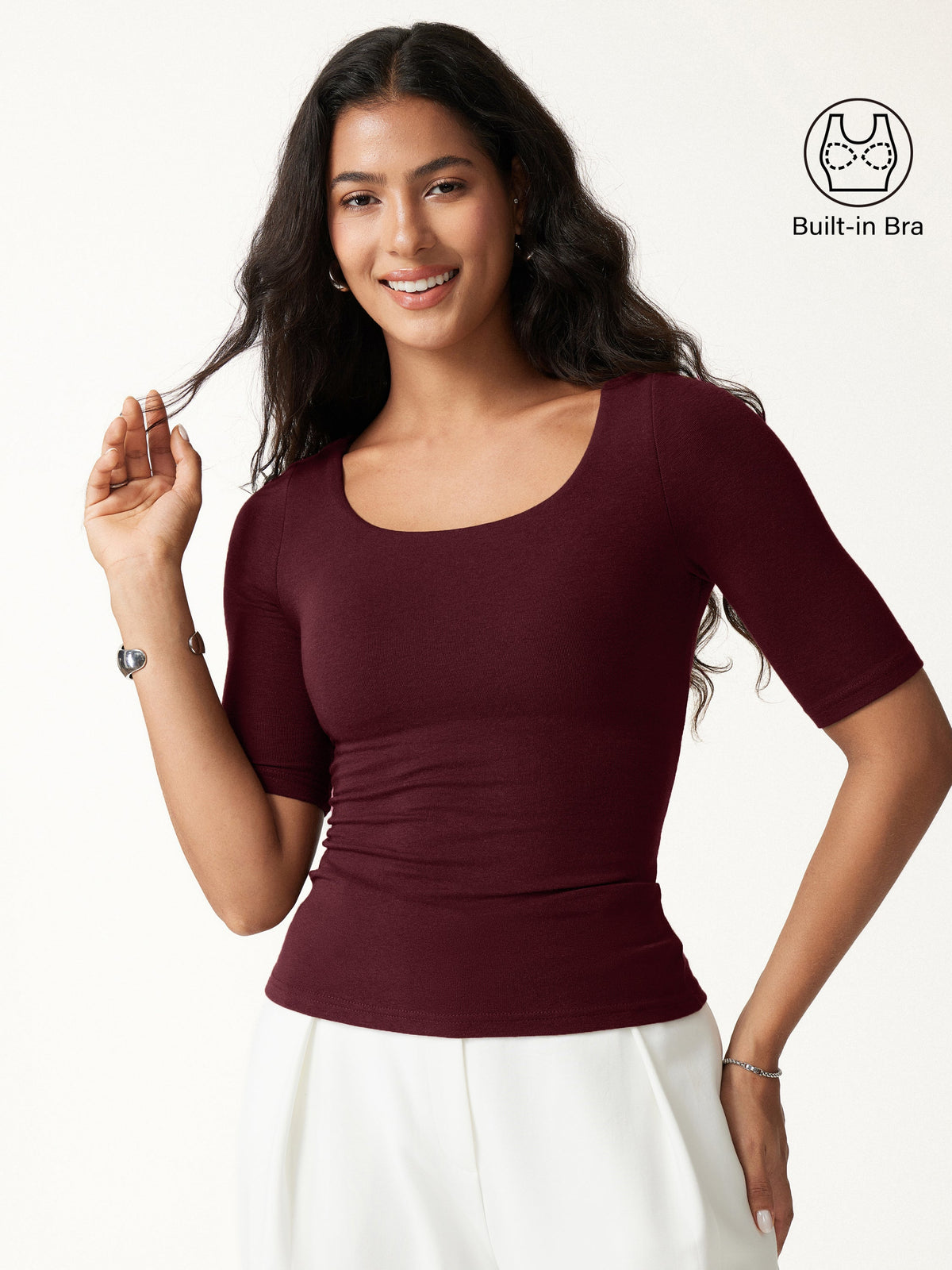 OGLmove Women's Square Neck Elbow Length Sleeve Bra Top