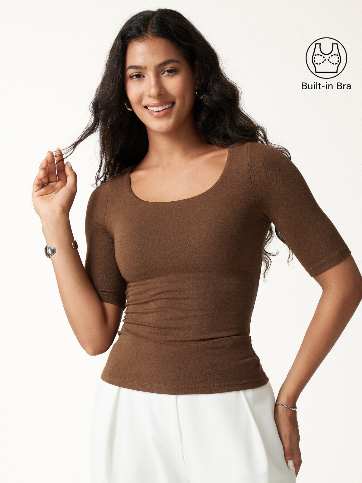 OGLmove Women's Square Neck Elbow Length Sleeve Bra Top