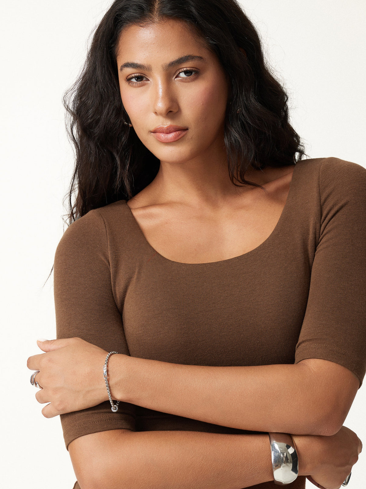 OGLmove Women's Square Neck Elbow Length Sleeve Bra Top