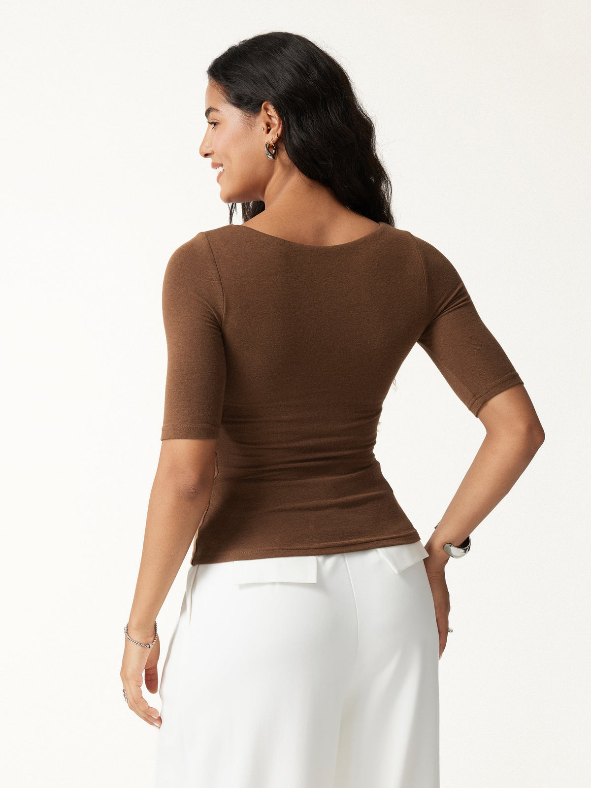 OGLmove Women's Square Neck Elbow Length Sleeve Bra Top