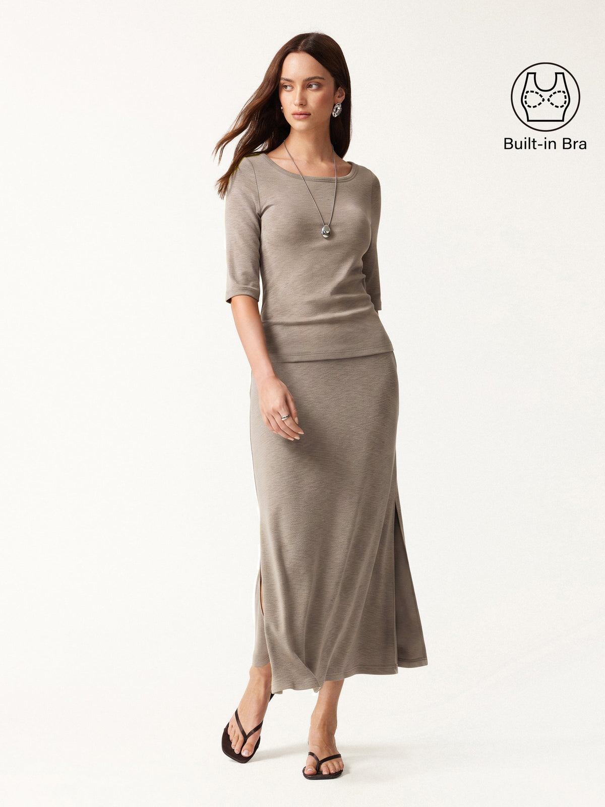 OGLmove Women's Round Neck Top and A-Line Midi Skirt Set