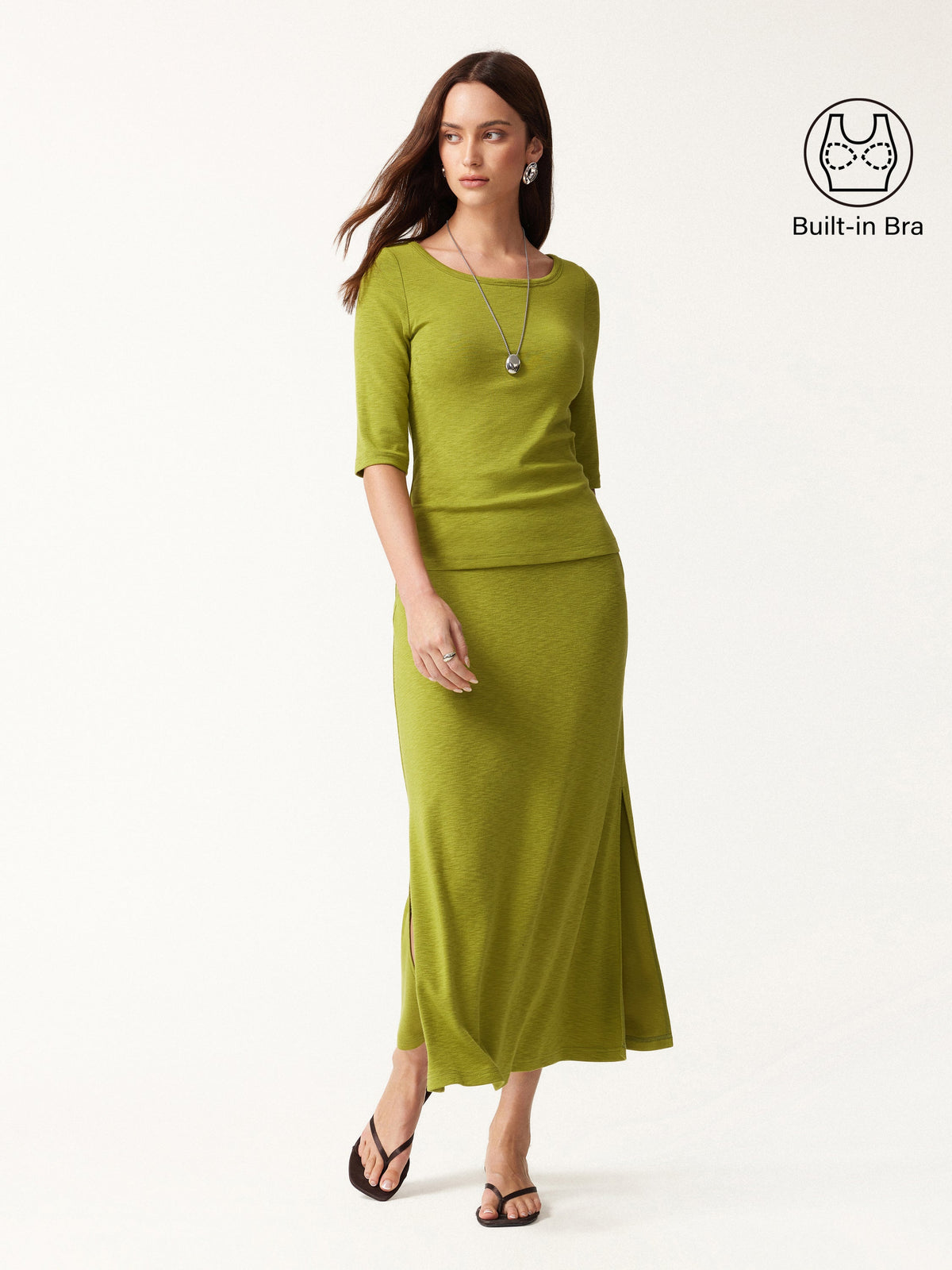 OGLmove Women's Round Neck Elbow Sleeve Bra Top and Midi Skirt Set