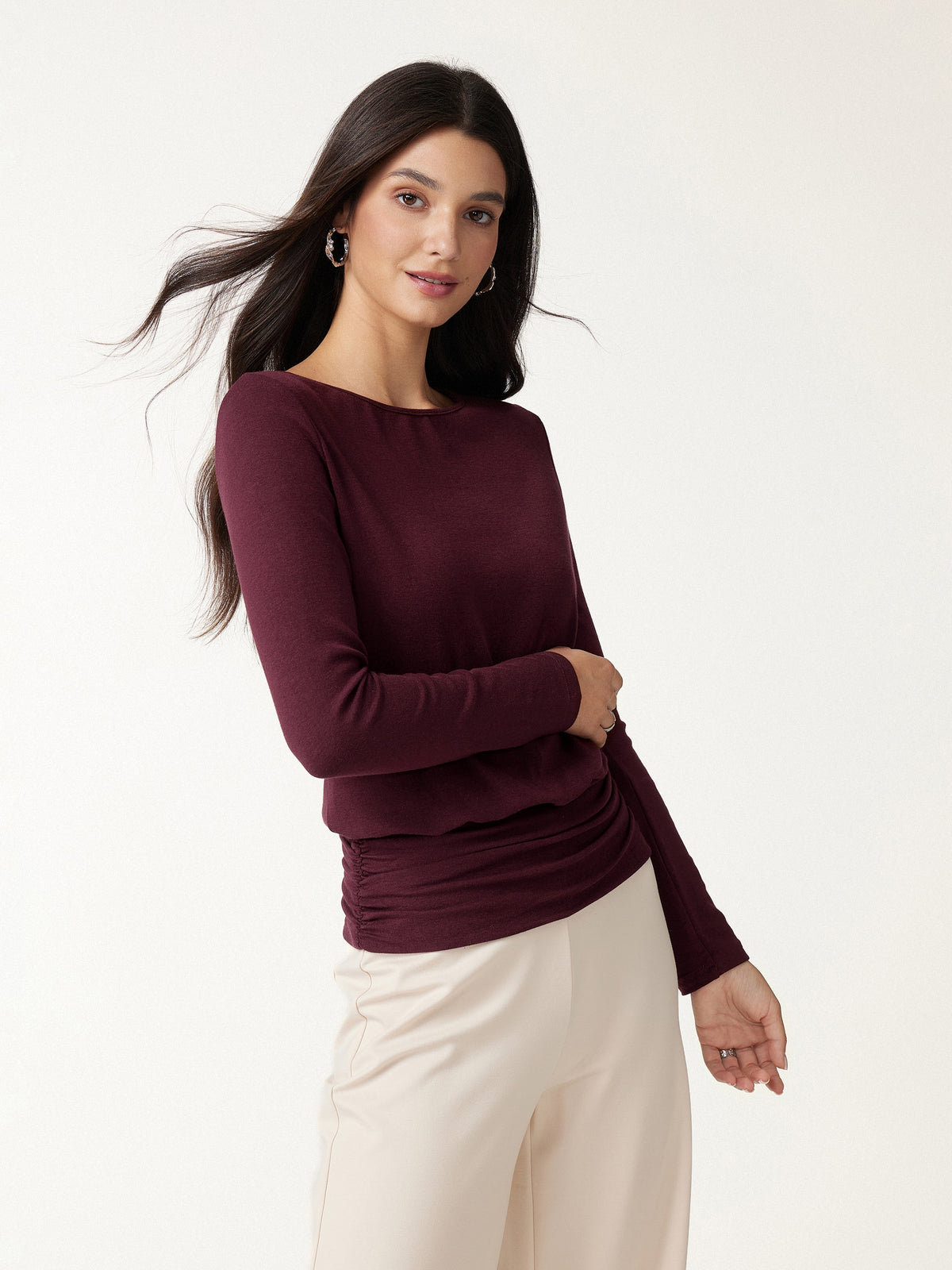 OGLmove Women's Eco-Mousse Boatneck Long Sleeve Ruched Banded Hem Top