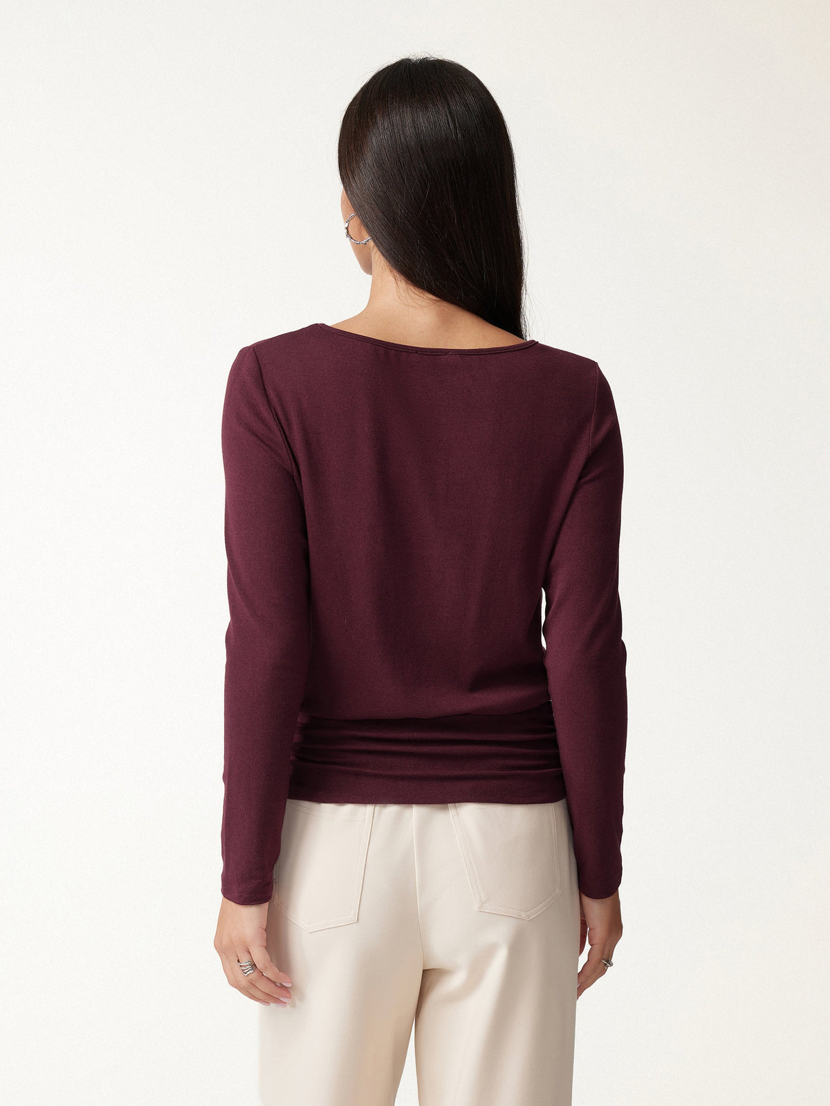 OGLmove Women's Eco-Mousse Boatneck Long Sleeve Ruched Banded Hem Top