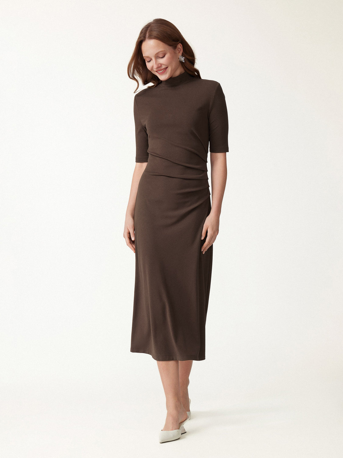 OGLmove Women's Cotton Blend Mock Neck Tucked A-Line Midi Dress