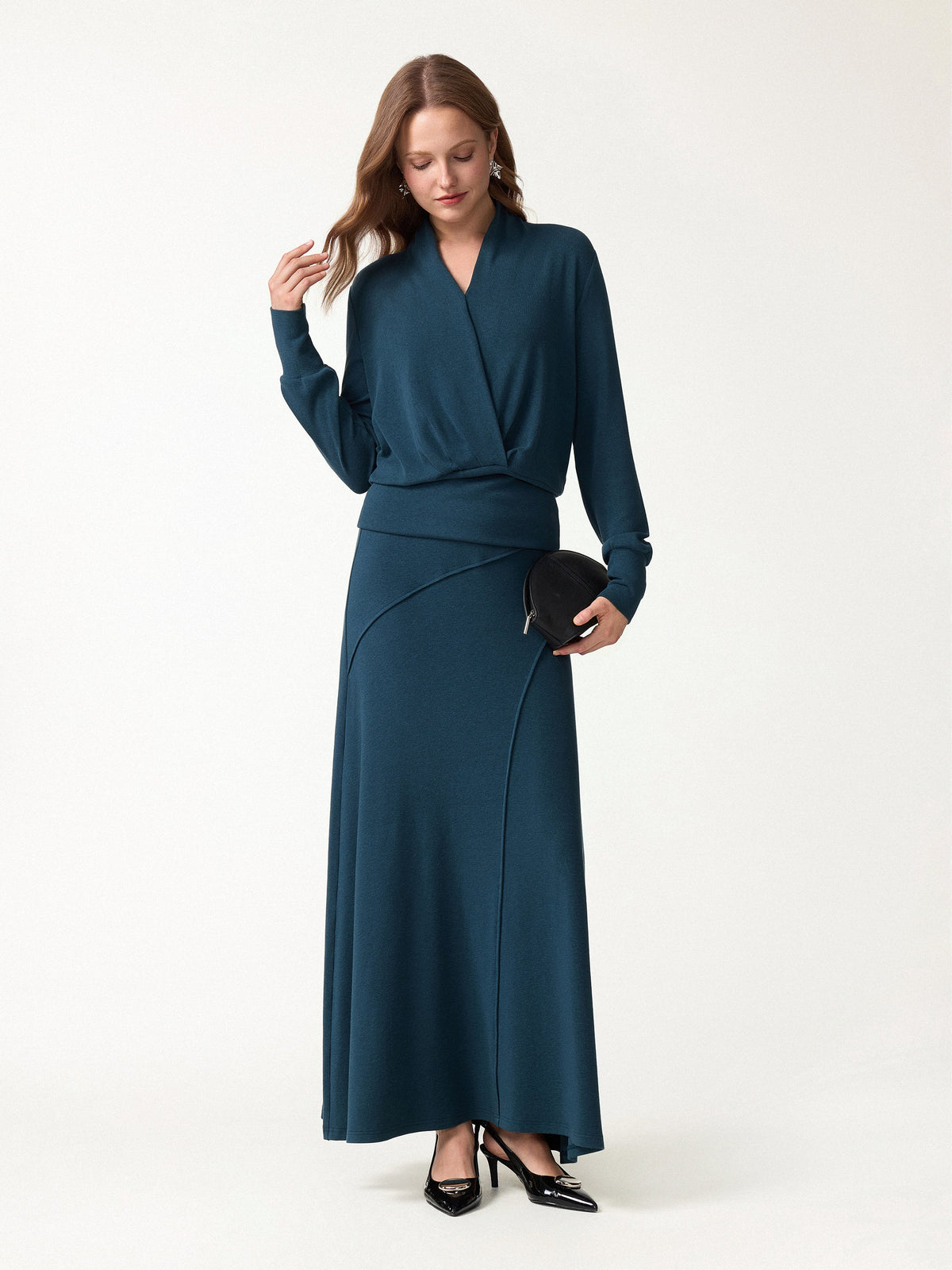OGLmove Women's Surplice Long Sleeve Top and A-Line Skirt Set