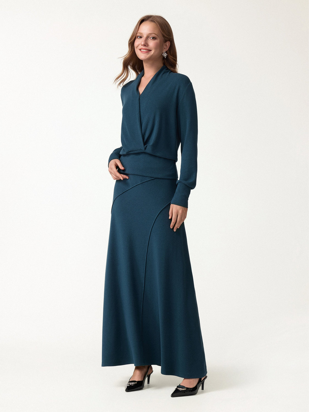 OGLmove Women's Surplice Long Sleeve Top and A-Line Skirt Set