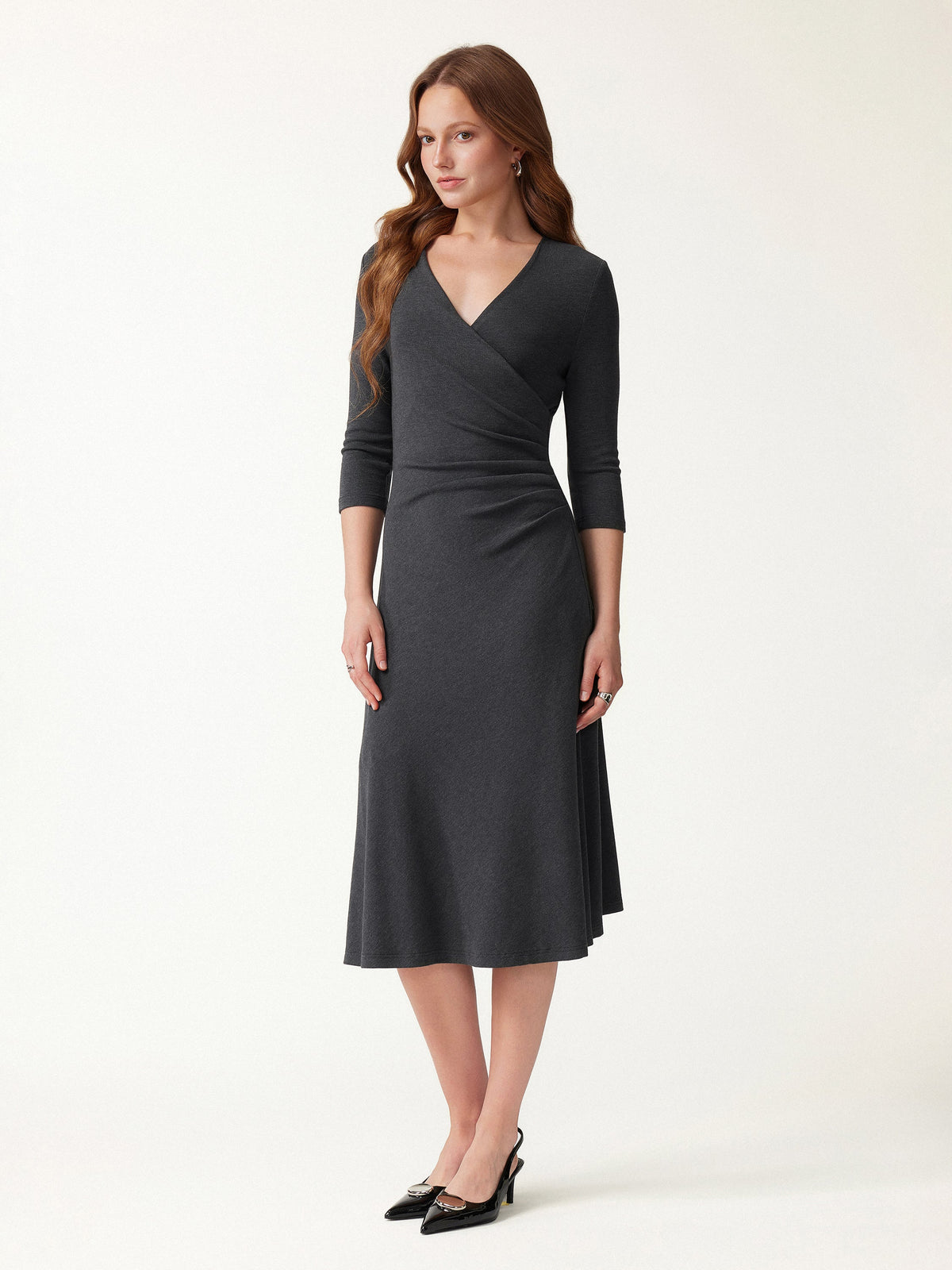OGLmove Women's Eco-Mousse® Surplice 3/4 Sleeve Side-Tuck Midi Dress