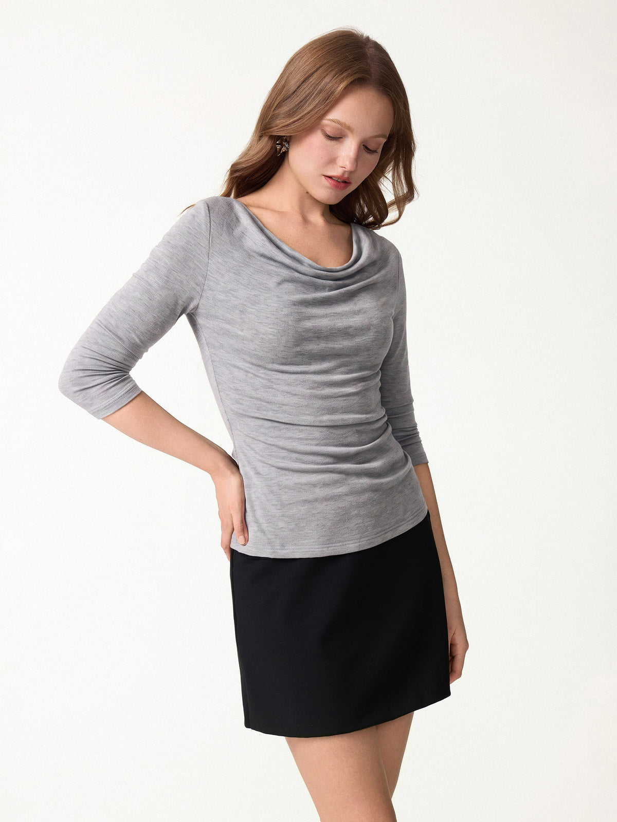 OGLmove Women's Lyocell-Wool Cowl Neck 3/4 Sleeve Top