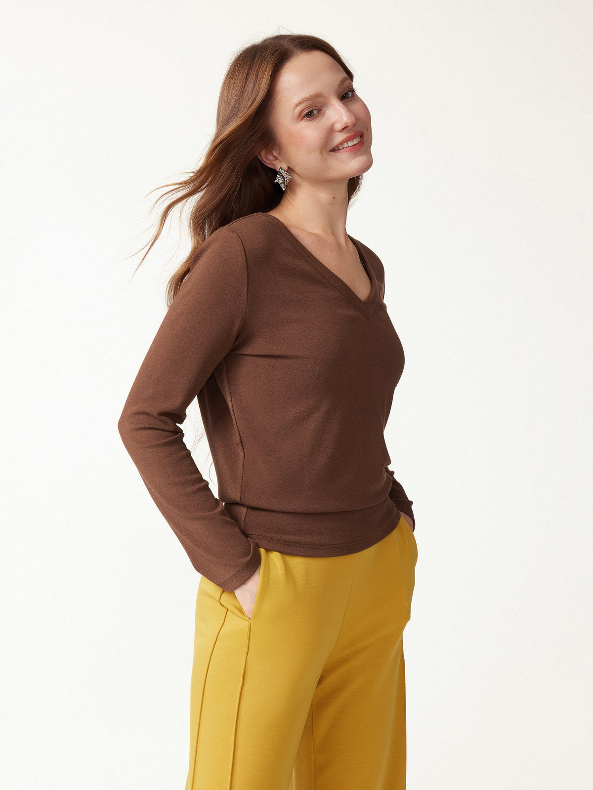 OGLmove Women's Eco-Mousse V-Neck Long Sleeve Banded Hem Top