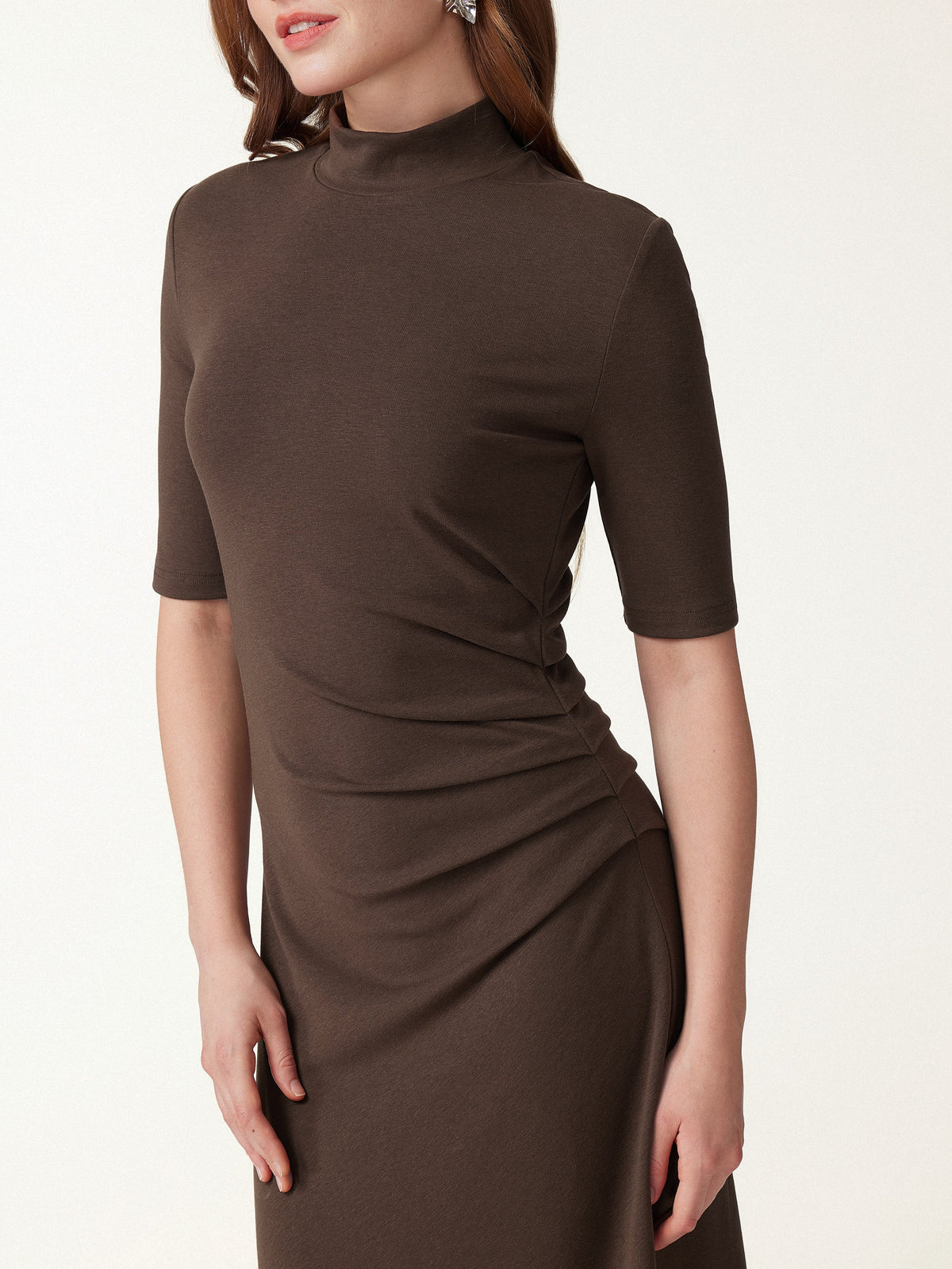 OGLmove Women's Cotton Blend Mock Neck Tucked A-Line Midi Dress