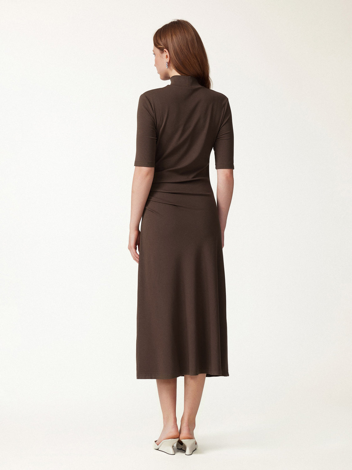 OGLmove Women's Cotton Blend Mock Neck Tucked A-Line Midi Dress