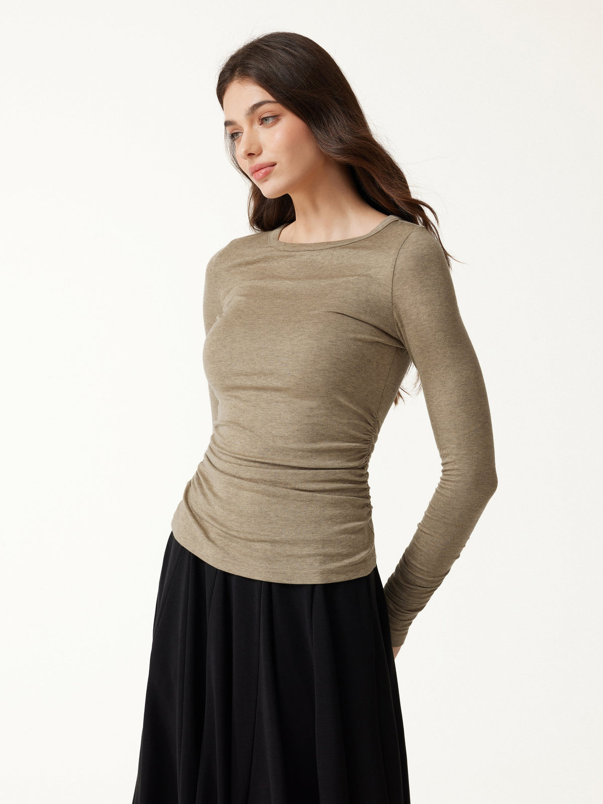 OGLmove Women's Lyocell-Wool Round Neck Long Sleeve Ruched Top
