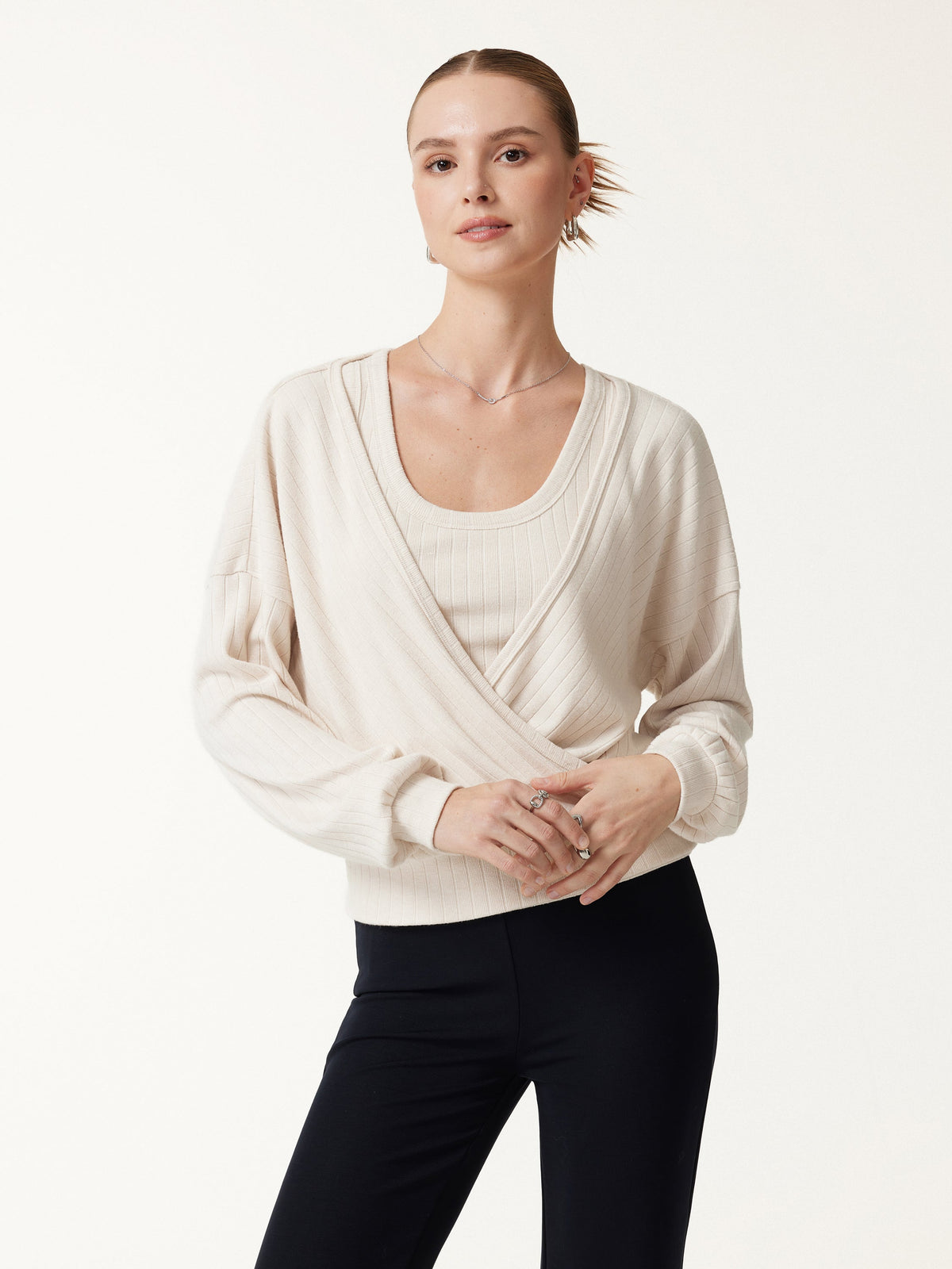 OGLmove Women's Wide Ribbed Crossover Long Sleeve Banded Hem Top