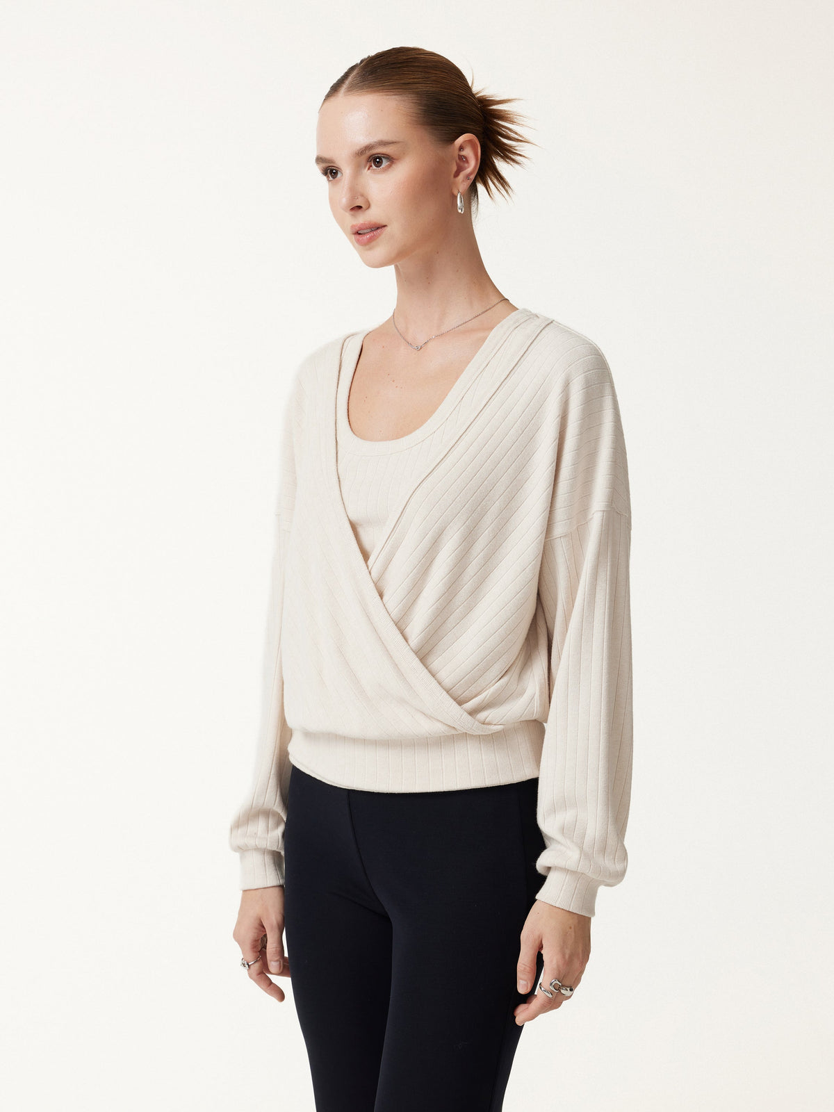 OGLmove Women's Wide Ribbed Crossover Long Sleeve Banded Hem Top