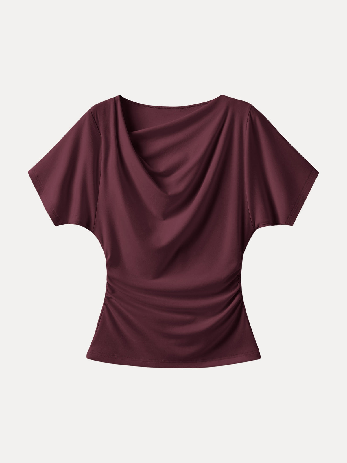 OGLmove Women's Light Cotton Rib Asymmetrical Cowl Neck Ruched Top