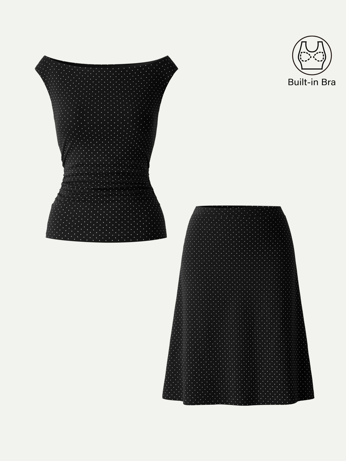 OGLmove Women's Polka Dot Boatneck Bra Top and A-Line Skirt Set
