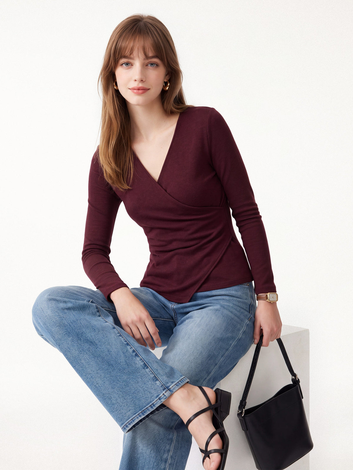 OGLmove Women's Surplice Long Sleeve Asymmetrical Hem Top