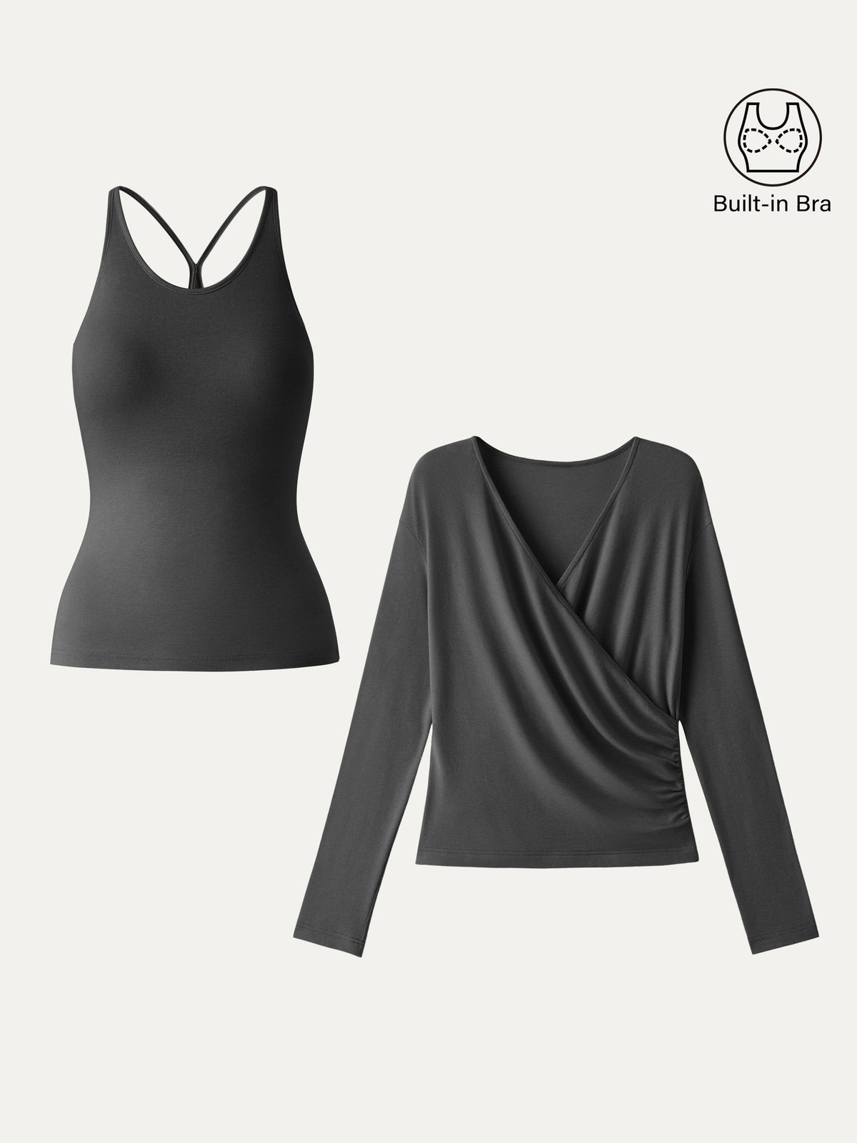 OGLmove Women's Eco-MiYaMoon Cashmere Cami and Surplice Ruched Top Set