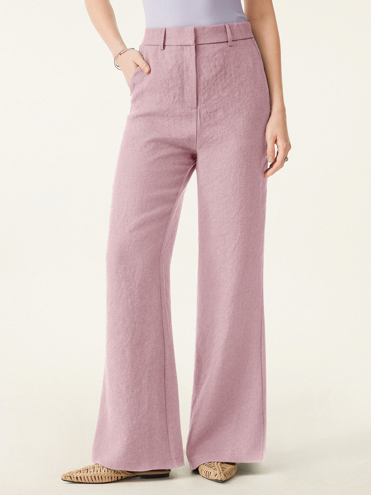 OGLmove Women's European Linen-Like Mid Rise Flared Pant with Pockets