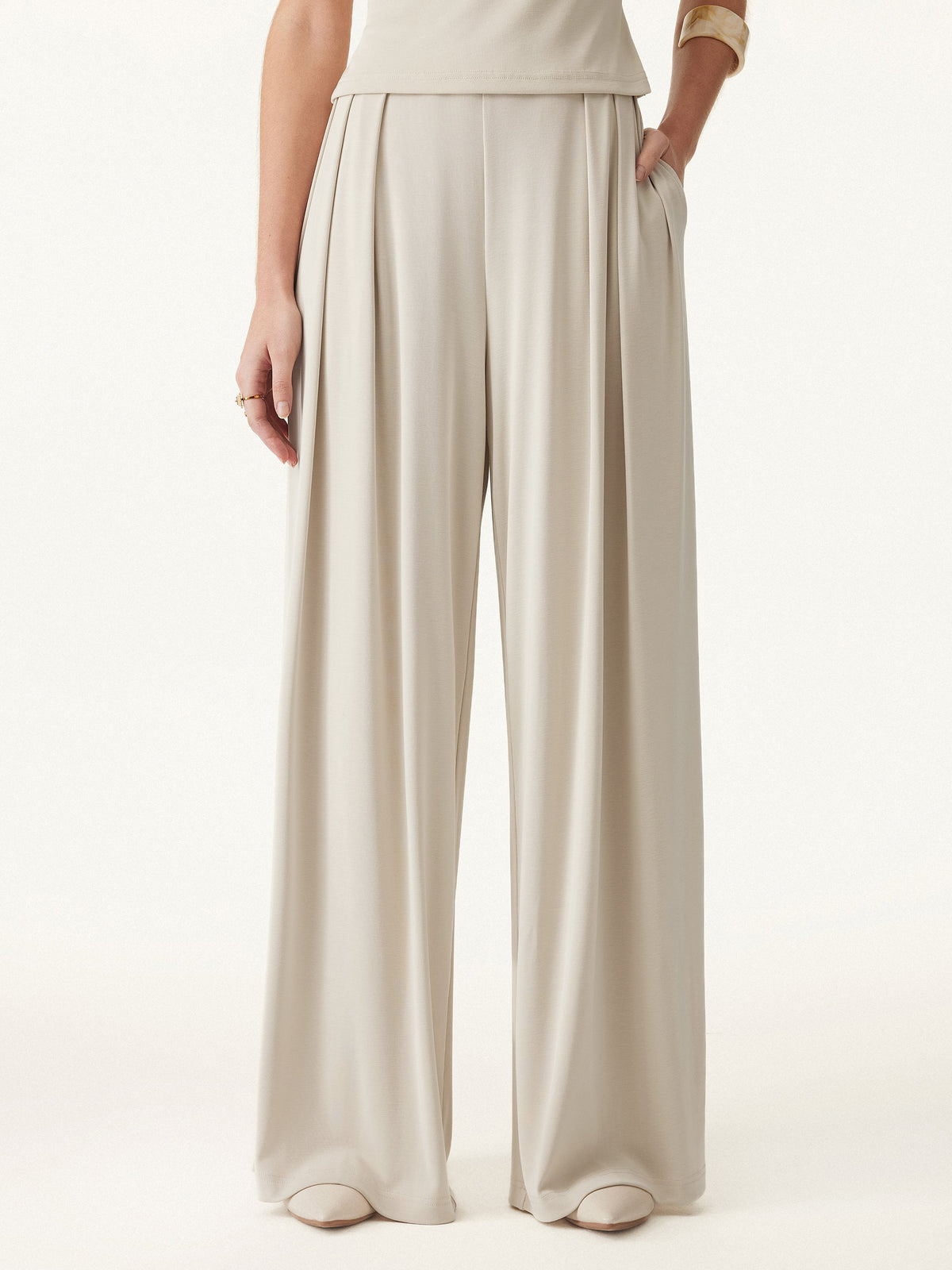 OGLmove Women's Sandwashed Mid-Rise Pleated Wide-Leg Palazzo Pants with Pockets