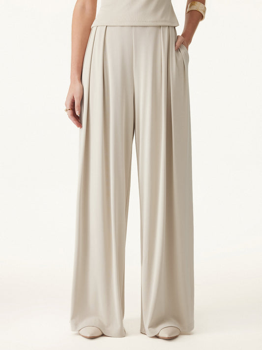 OGLmove Women's Sandwashed Mid-Rise Pleated Wide-Leg Palazzo Pants with Pockets