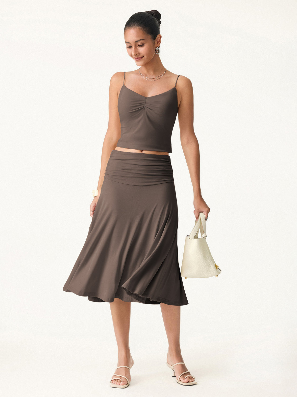 OGLmove Women's Flowy Side Ruched A-Line Midi Skirt