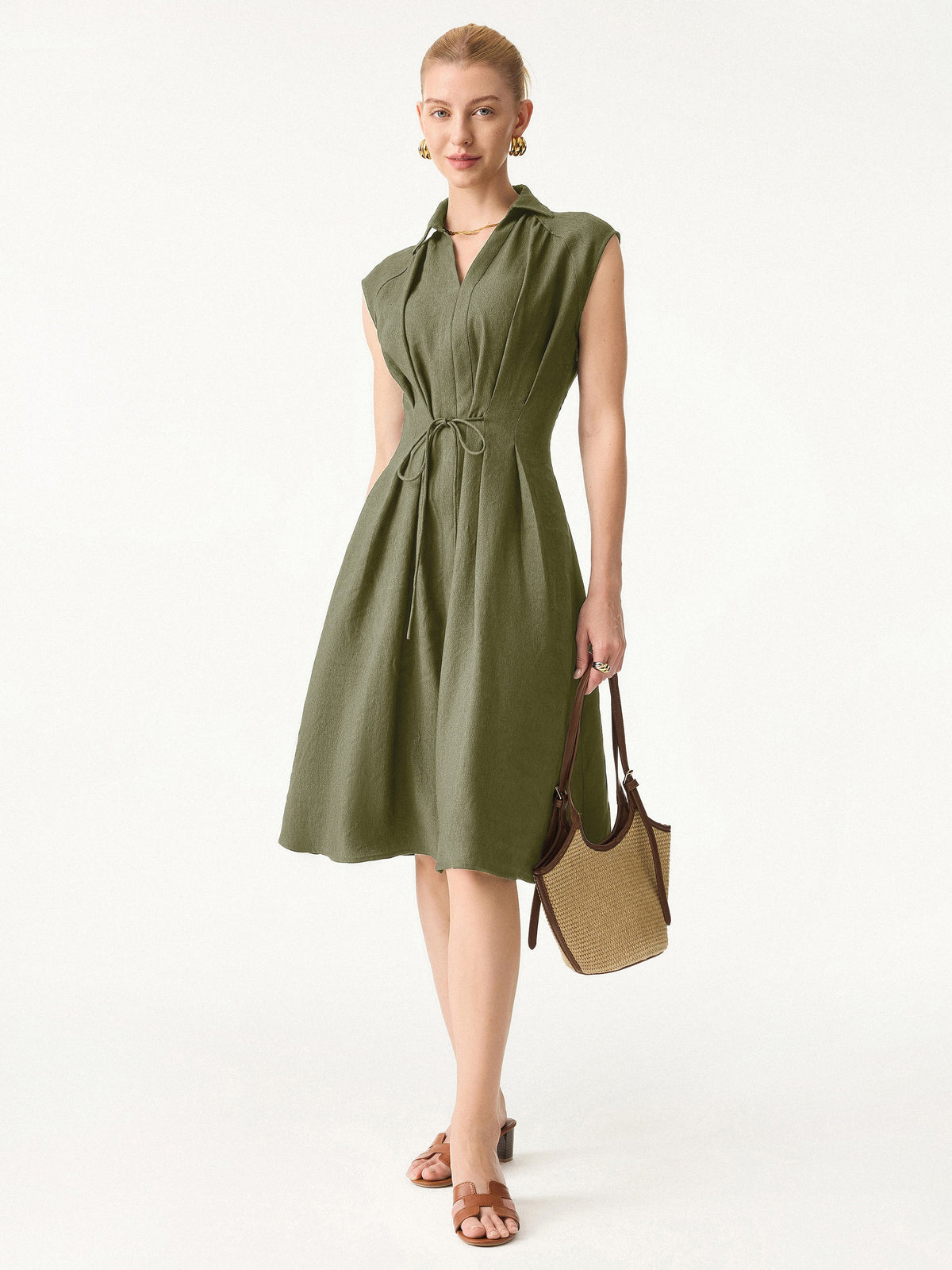 OGLmove Women's Viscose-Linen V-Neck Midi Dress with Drawstring