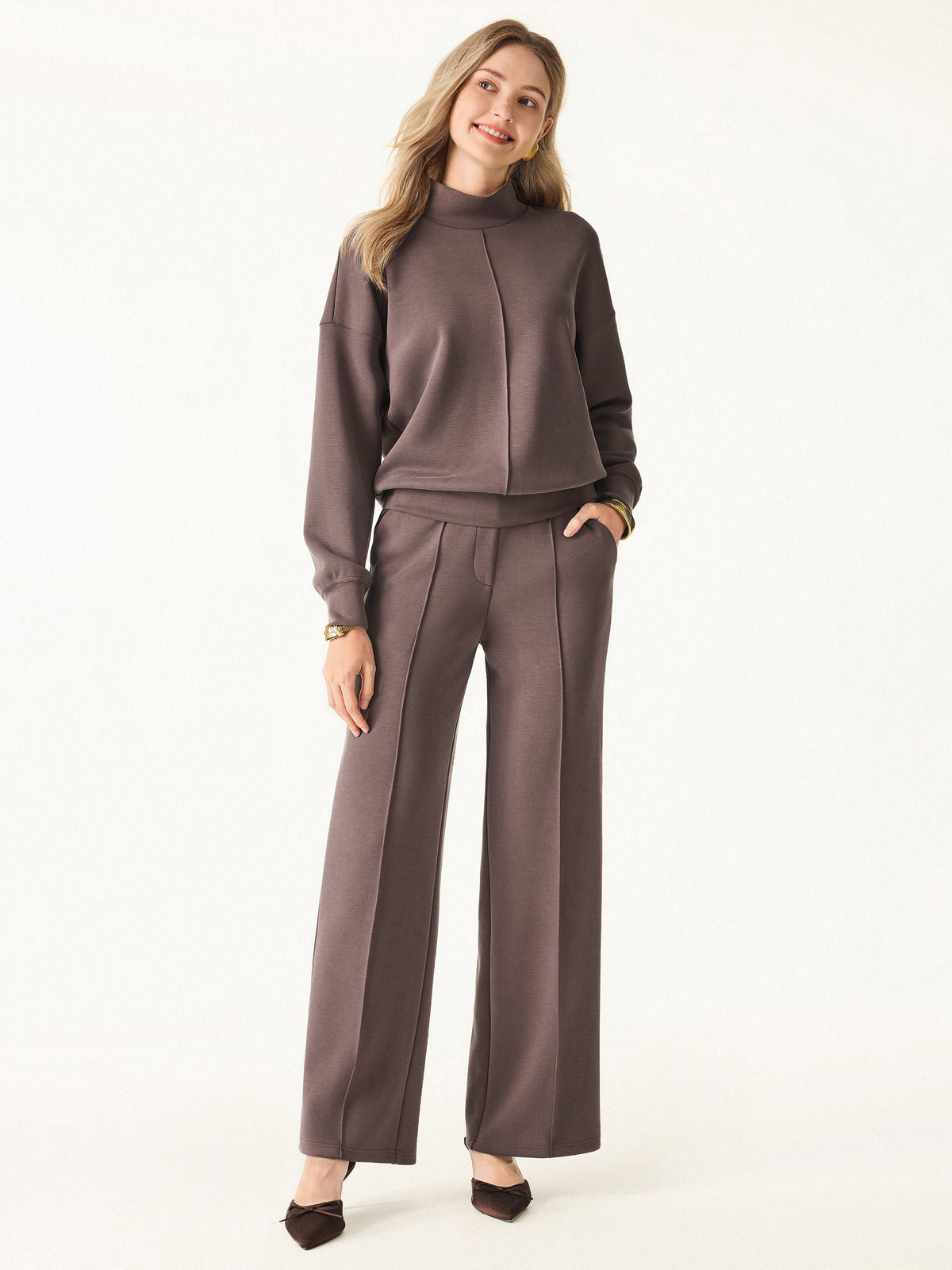 OGLmove Women's Mockneck Pullover & Mid Rise Straight Leg Pants Set