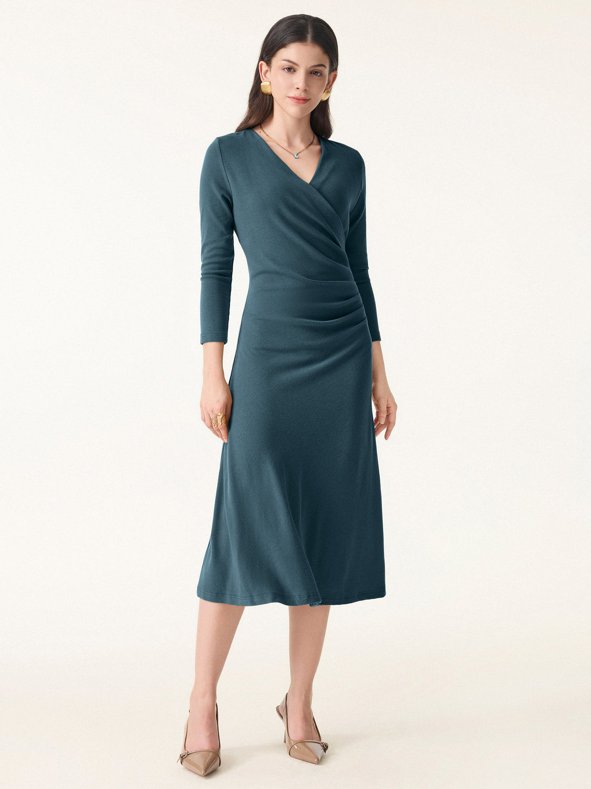 OGLmove Women's Eco-Mousse® Surplice 3/4 Sleeve Side-Tuck Midi Dress