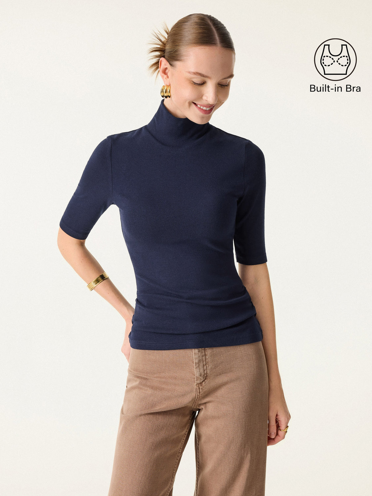 OGLmove Women's Turtleneck Elbow Sleeve Bra Top and Pant Set