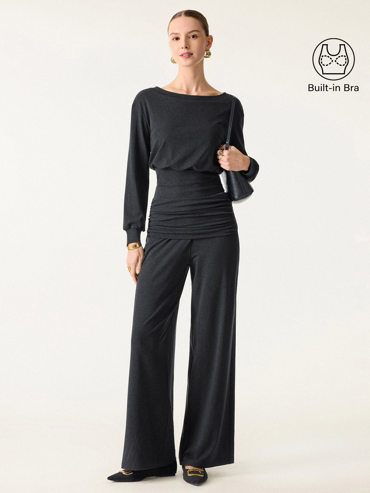 OGLmove Women's Boatneck Bra & Drapey Wide Leg Pants Set