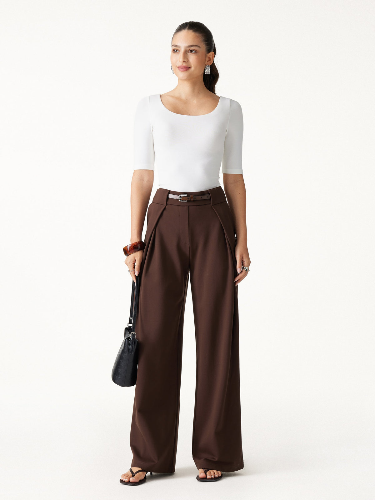 OGLmove Women's Ponte Mid-Rise Wide-Leg Tuck Pants with Pockets