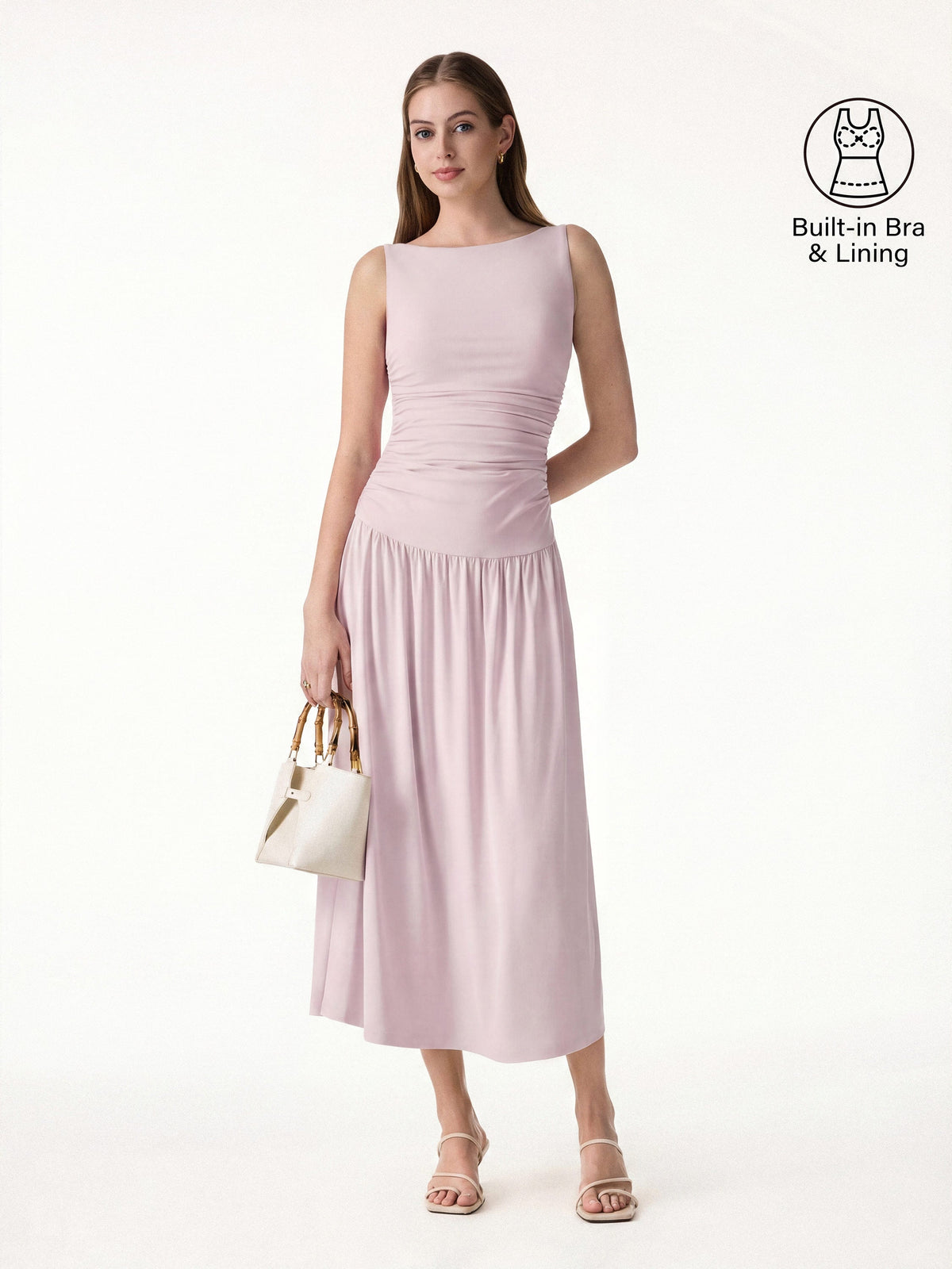 OGLmove Women's SkinKiss Boatneck Ruched Sleeveless Midi Bra Dress