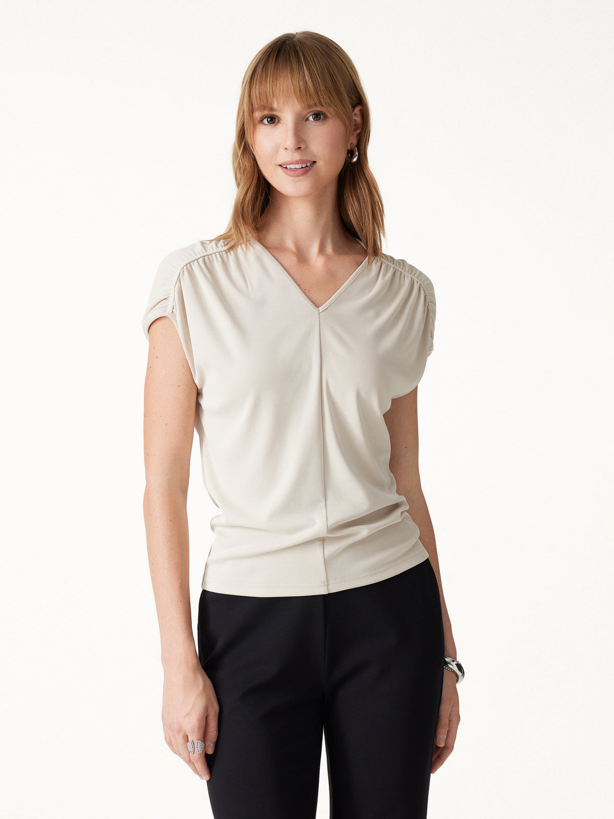 OGLmove Women's Modal Relaxed V-Neck Gathered Shoulder Top