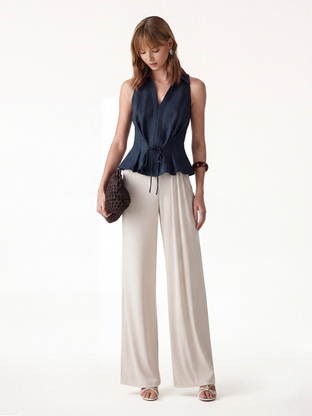 OGLmove Women's Collared V-Neck Top & Mid-Rise Wide-Leg Lounge Pants Set