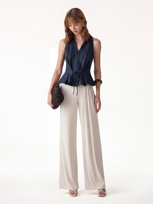 OGLmove Women's Collared V-Neck Top & Mid-Rise Wide-Leg Lounge Pants Set