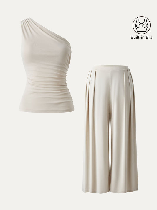 OGLmove Women's Ruched Bra Tank & Petite Wide Leg Palazzo Pant Set