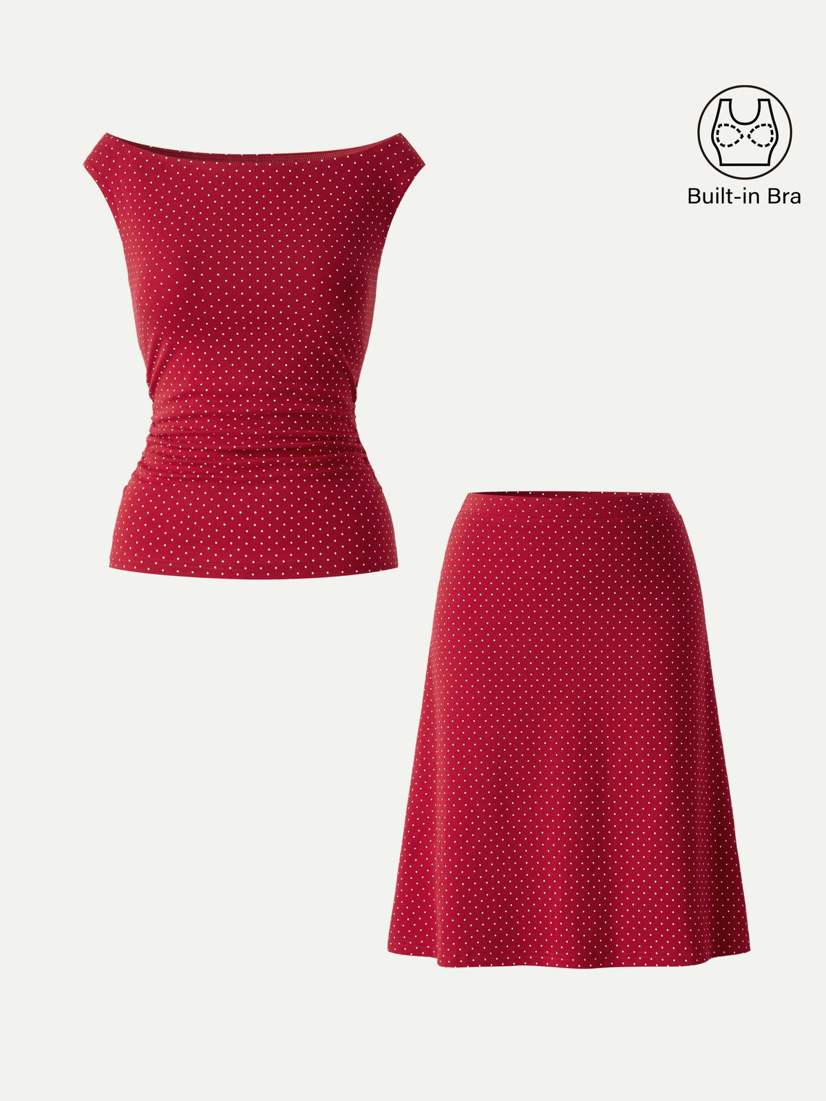OGLmove Women's Polka Dot Boatneck Bra Top and A-Line Skirt Set