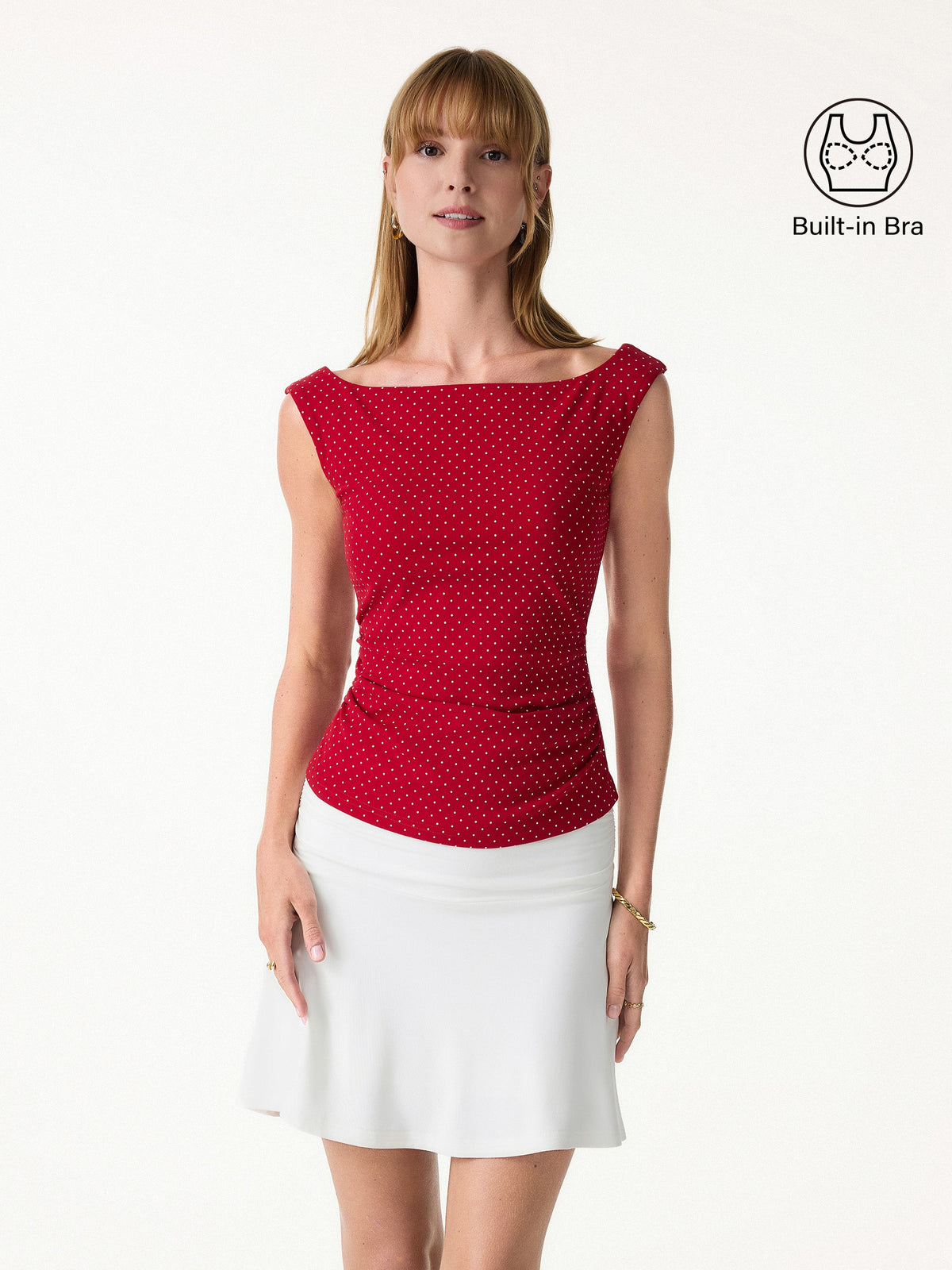 OGLmove Women's Polka Dot Boatneck Ruched Bra Top