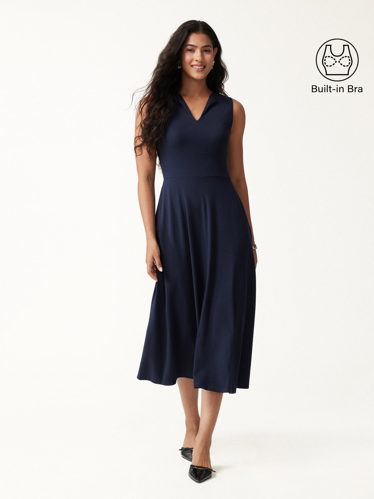 OGLmove Women's Ribbed Collared V-Neck Sleeveless Midi Bra Dress with Pockets