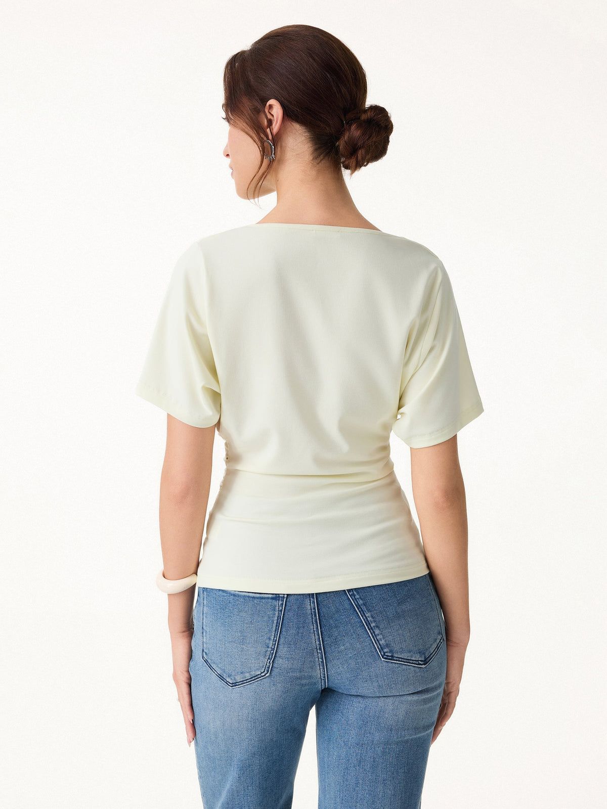 OGLmove Women's Light Cotton Rib Asymmetrical Cowl Neck Ruched Top