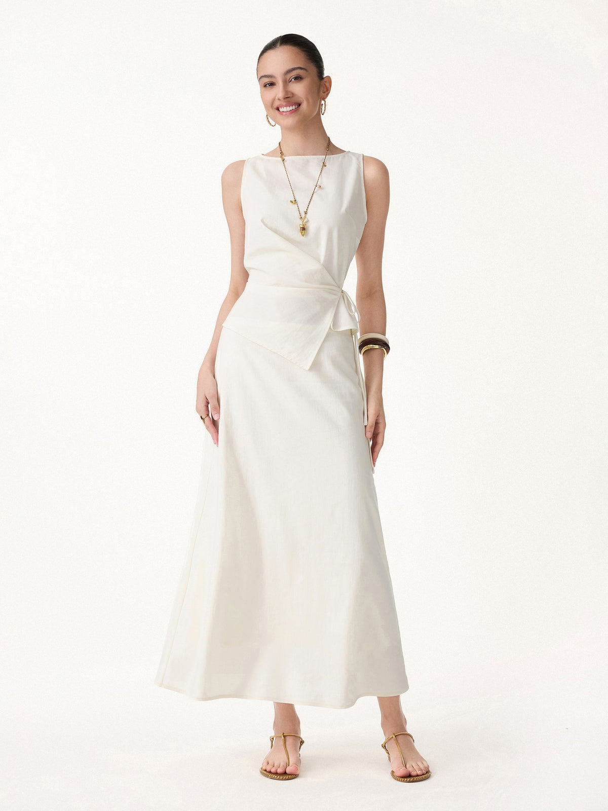 OGLmove Women's Boatneck Waist-Defined Top and Maxi Skirt Set