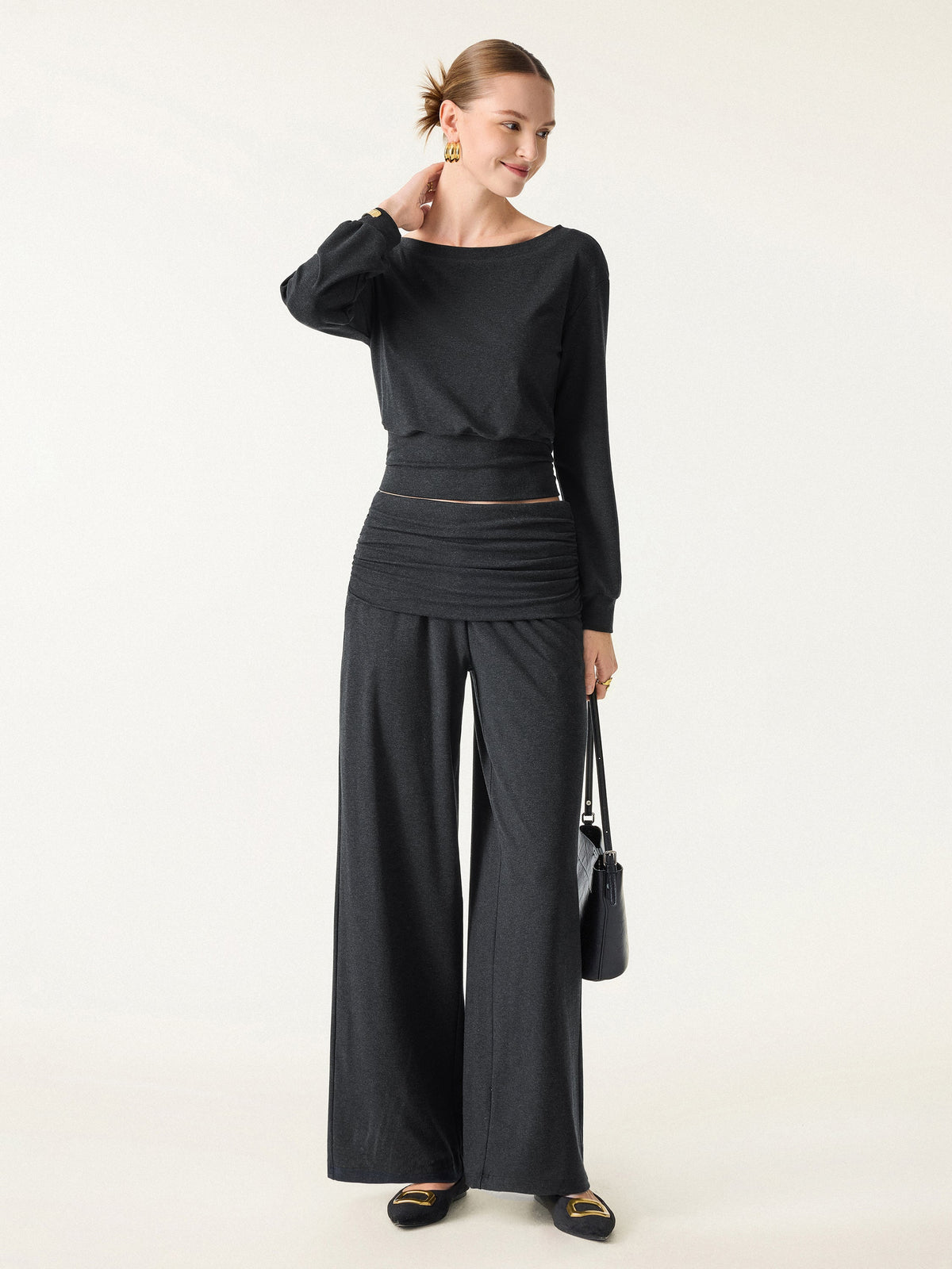 OGLmove Women's Wool Blend Drapey Wide-Leg Pull-On Pants with Pockets