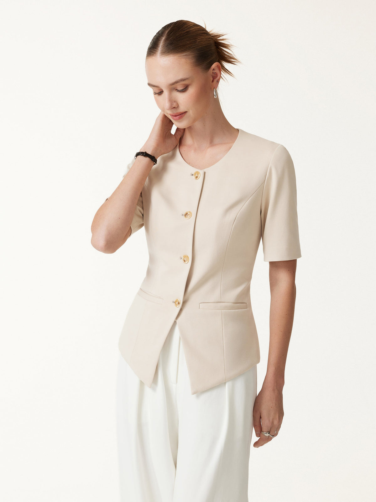 OGLmove Women's Ponte Round Neck Elbow Sleeve Jacket with Pockets