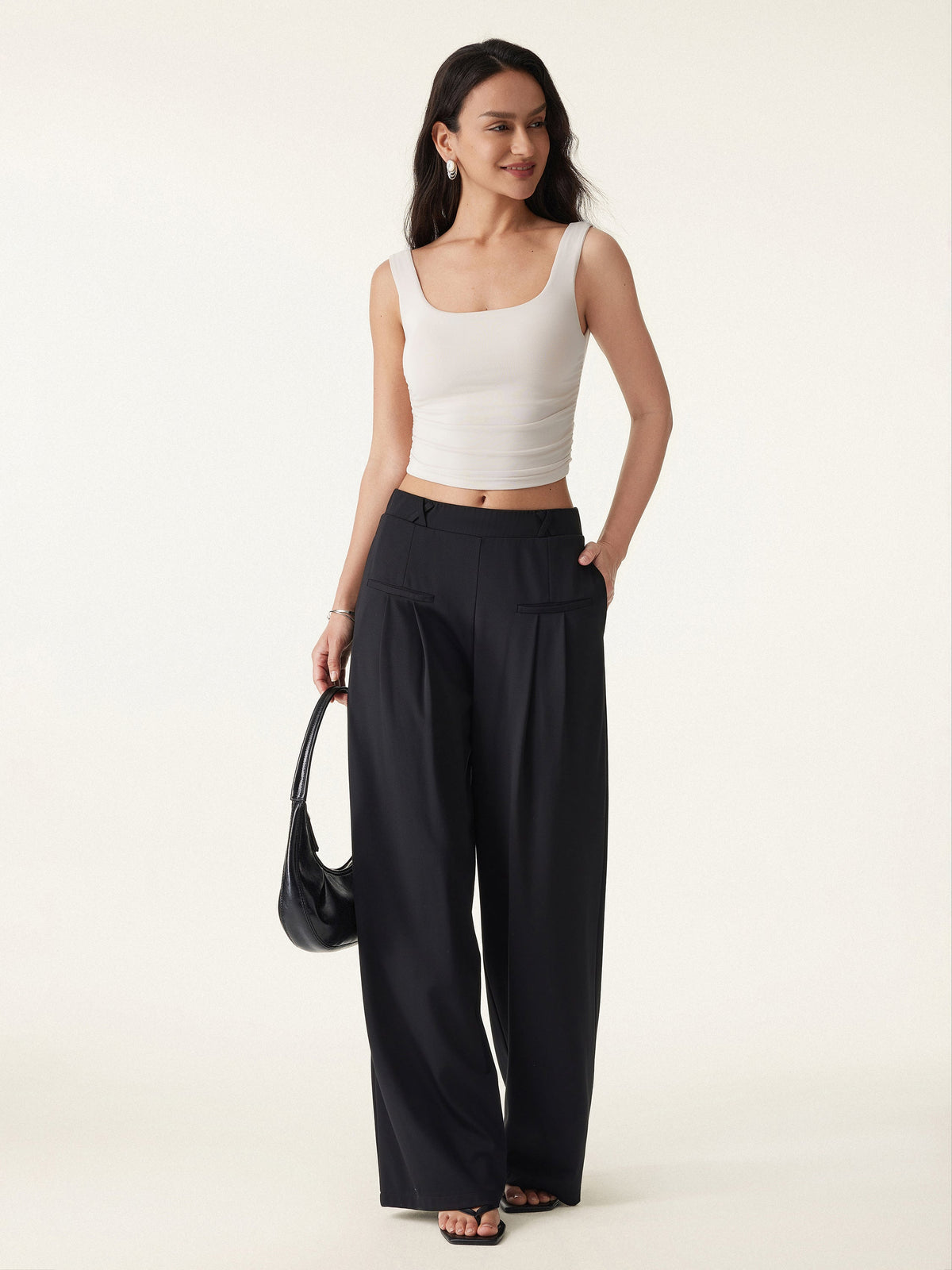 OGLmove Women's Drapey Bamboo Ponte Mid-Rise Wide-Leg Trouser with Pockets