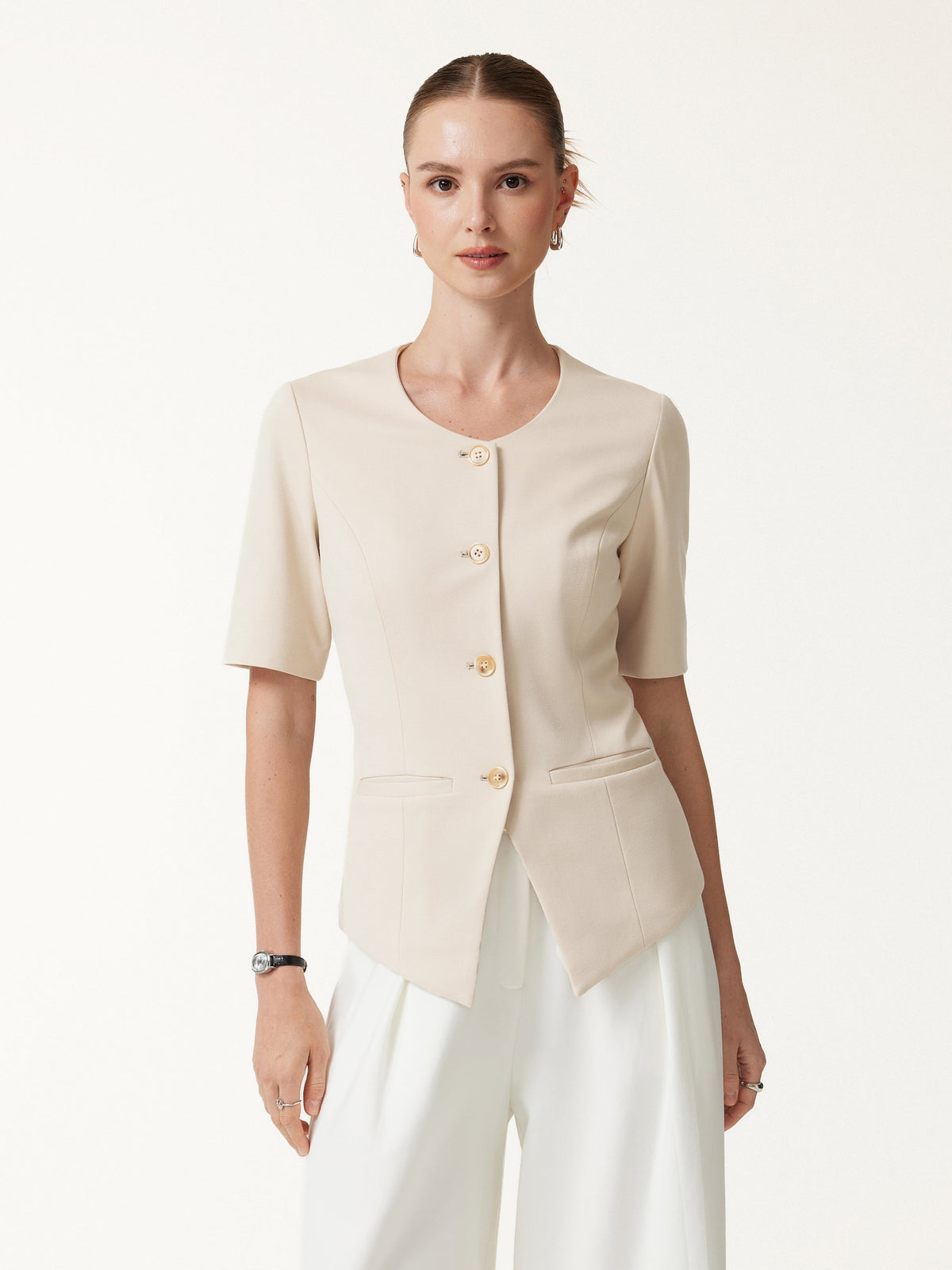 OGLmove Women's Ponte Round Neck Elbow Sleeve Jacket with Pockets