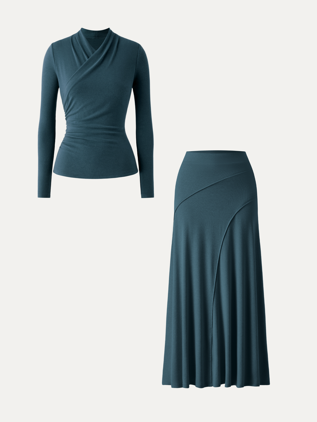 OGLmove Women's Surplice Long Sleeve Top & A-Line Midi Skirt Set