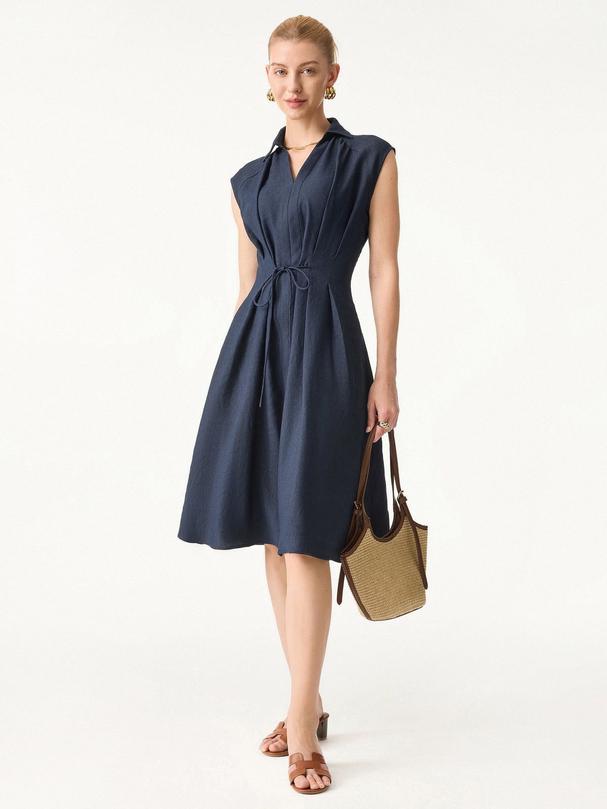 OGLmove Women's Viscose-Linen V-Neck Midi Dress with Drawstring